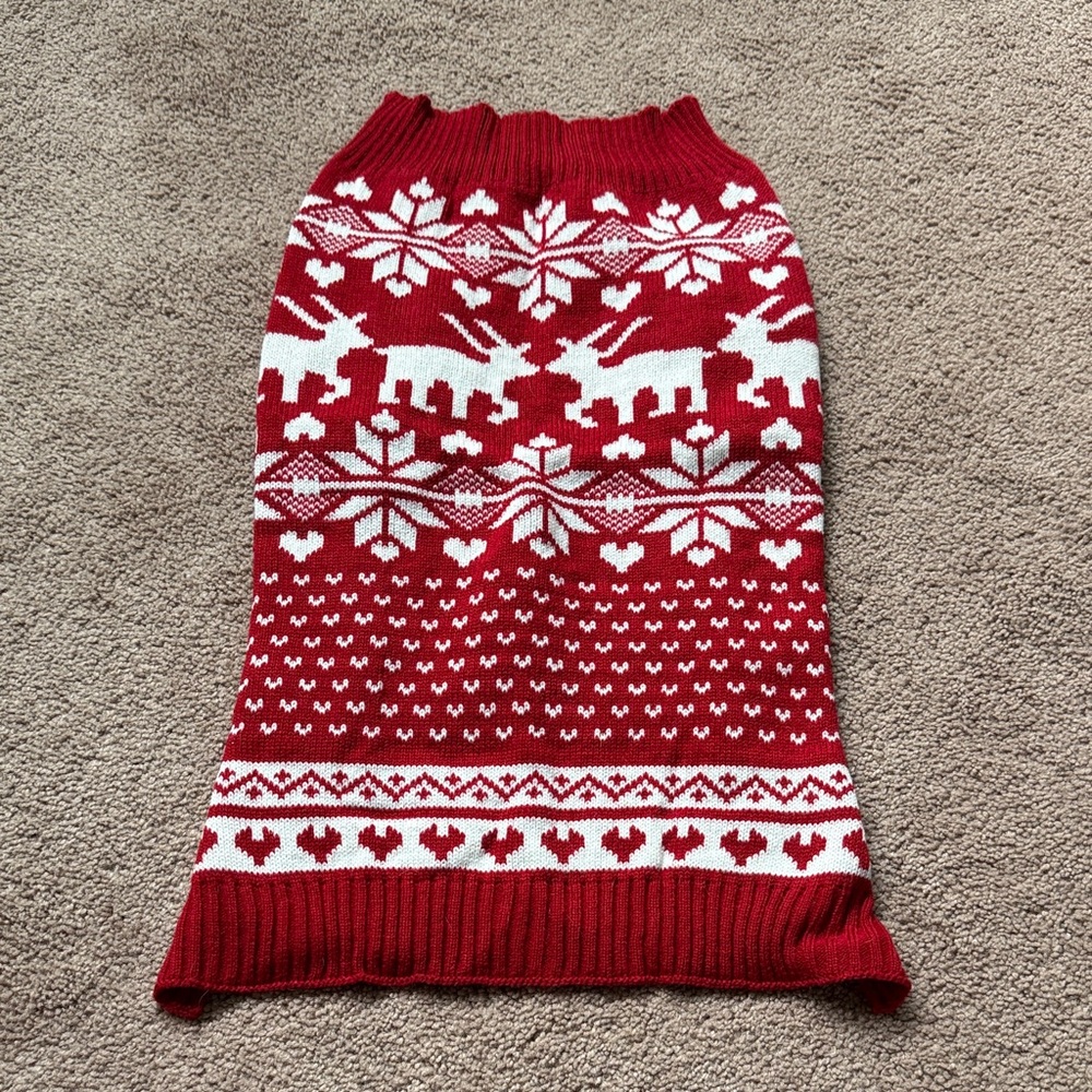 Red and White Dog Sweater with Reindeer Pattern